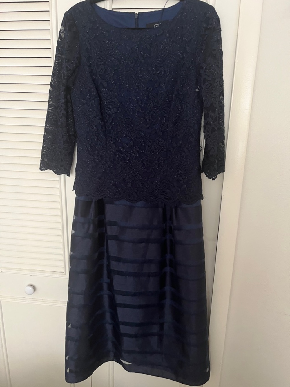 Women's Navy Lace Bodice & Striped Taffeta Midi Dress